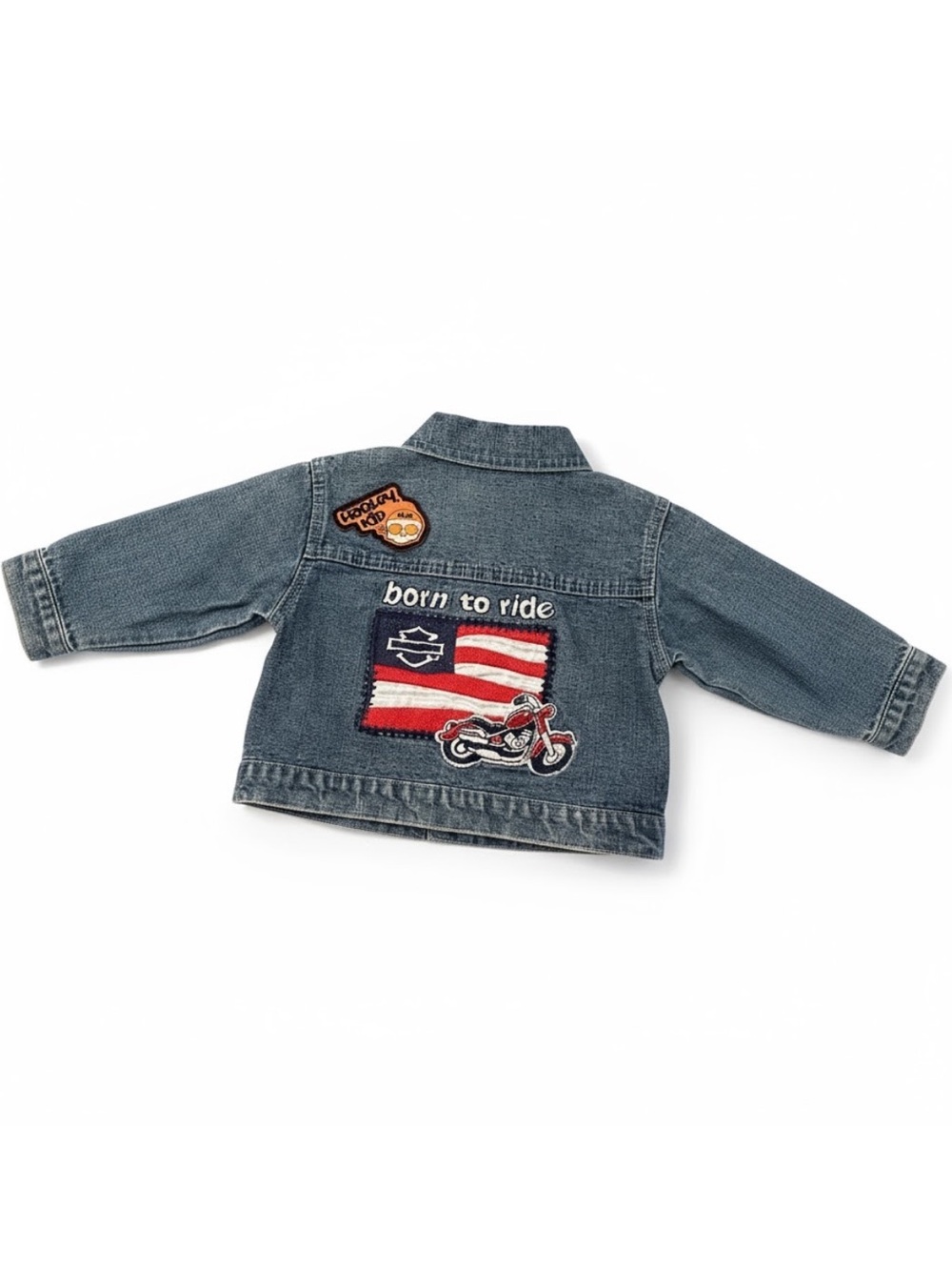 VTG Harley-Davidson Denim Jacket with Born to Ride USA Flag Motorcycle Patches